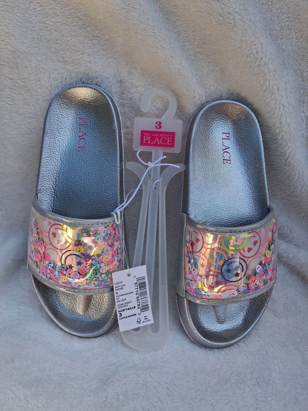 The Children's Place Girls' Silver Holographic Sequin Slide Sandals